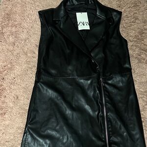 ZARA Black Faux Leather Sleeveless Collared Zip-Front Dress Size Small S NWT